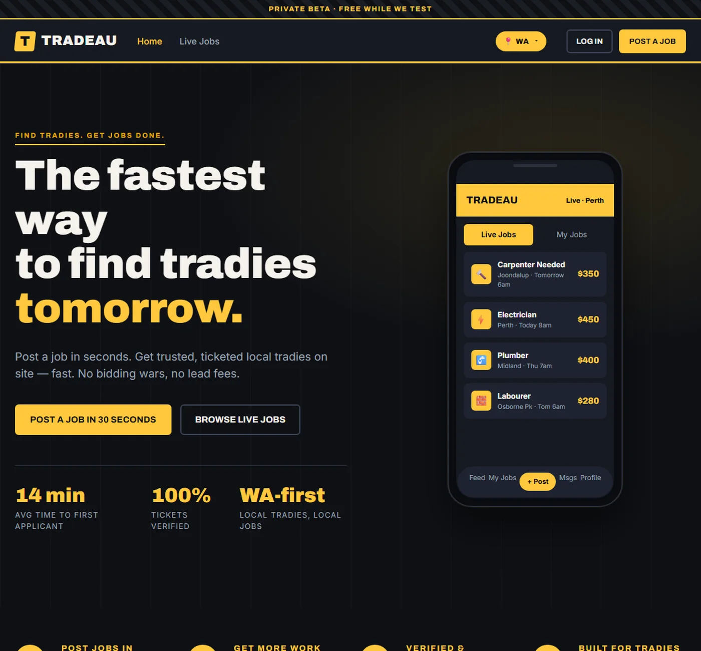 The TradeAU marketplace home page, showing live trade jobs across Perth with response times